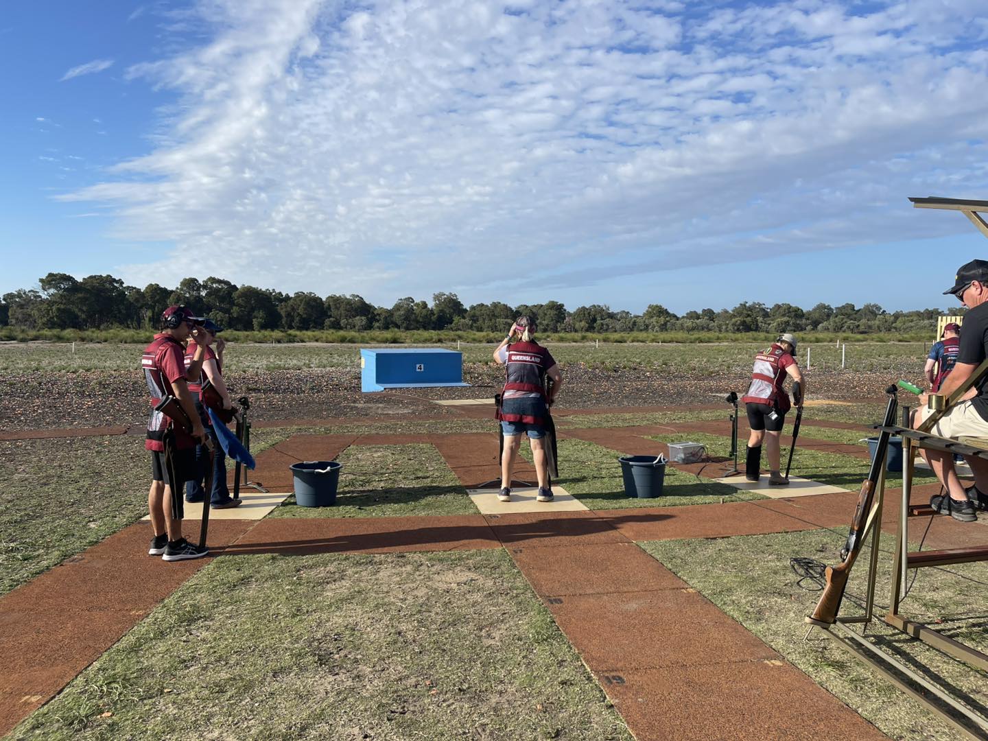 Golden wheat field stretching toward distant tree line under bright blue sky with scattered white clouds and dirt road in foreground.